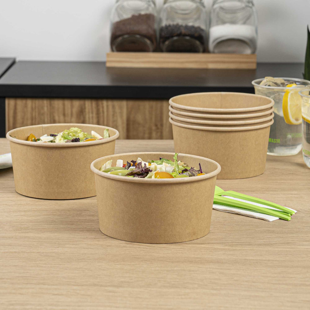 Bio Tek 34 oz Round Kraft Paper Take Out Container - 6" x 6" x 3" - 50 count box