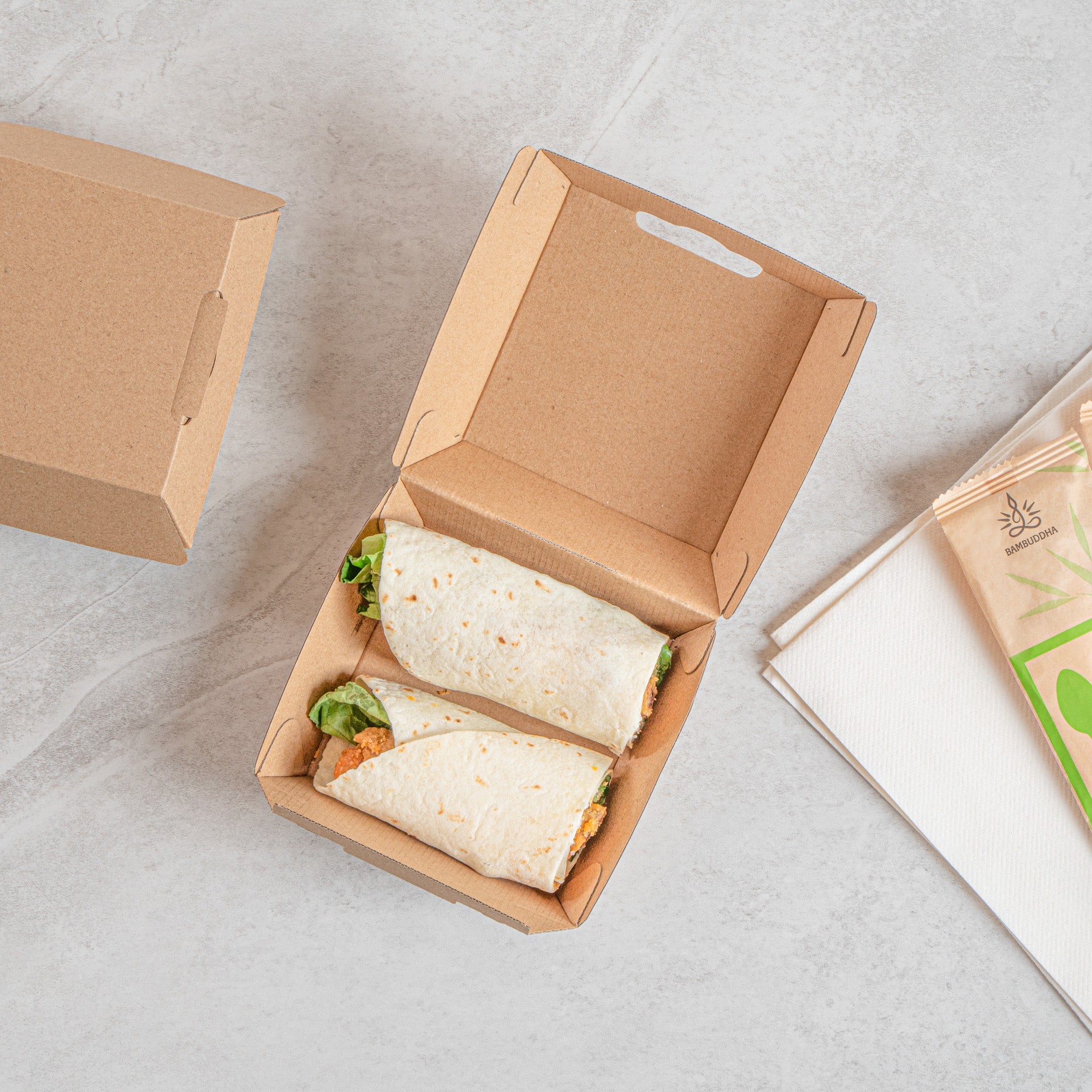 Bio Tek Square Kraft Paper Corrugated Clamshell Container - 4" x 4" x 2 3/4" - 100 count box