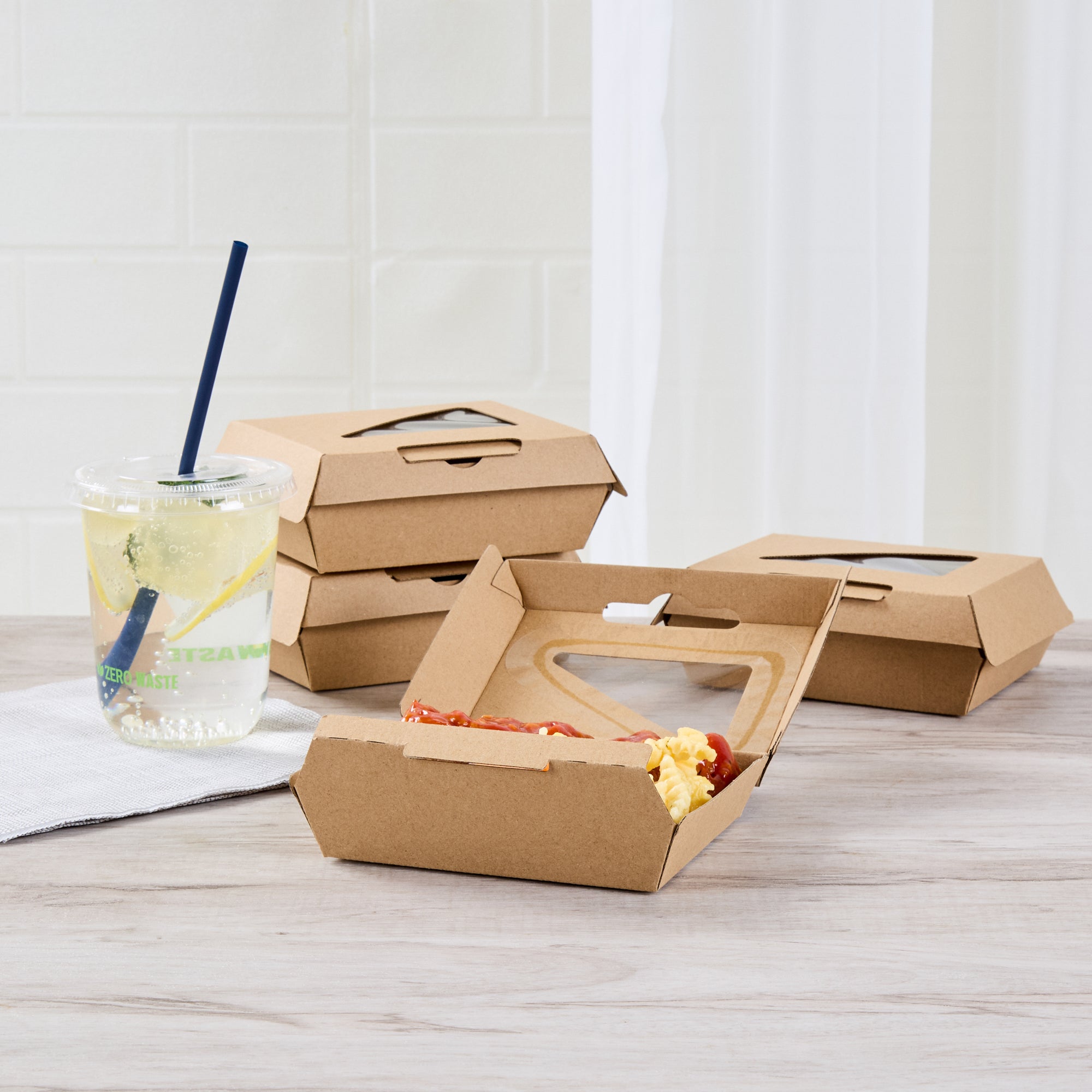 Eco Tek Square Kraft Paper Corrugated Clamshell Container - with PLA Window - 5" x 4" x 2" - 100 count box