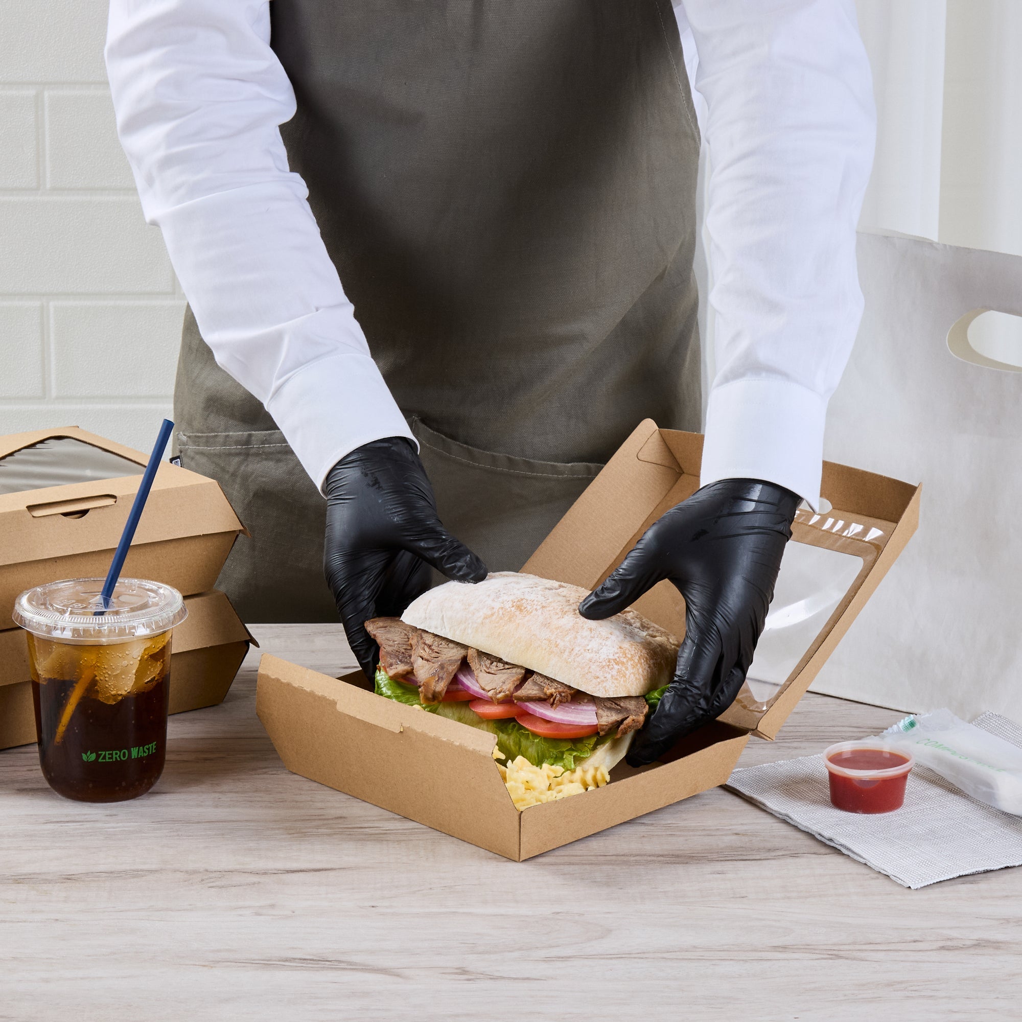 Eco Tek Rectangle Kraft Paper Corrugated Clamshell Container - with PLA Window - 7 3/4" x 6" x 2 3/4" - 100 count box