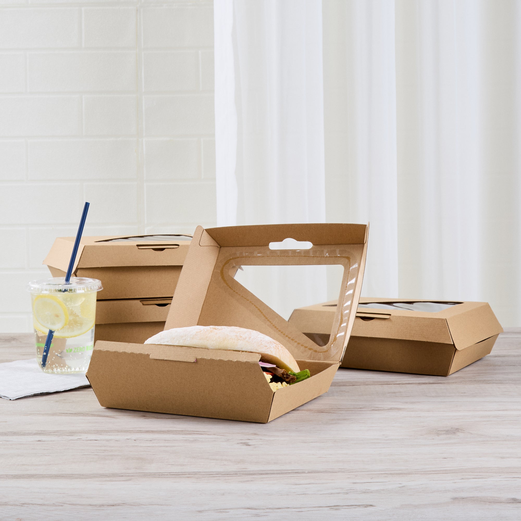 Eco Tek Rectangle Kraft Paper Corrugated Clamshell Container - with PLA Window - 7 3/4" x 6" x 2 3/4" - 100 count box