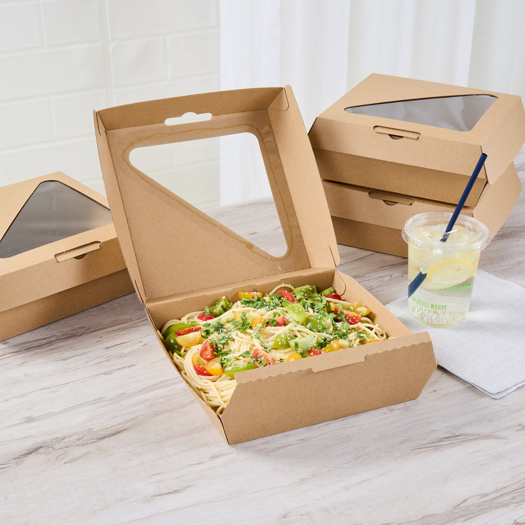 Eco Tek Rectangle Kraft Paper Corrugated Clamshell Container - with PLA Window - 8" x 8" x 3 1/4" - 100 count box
