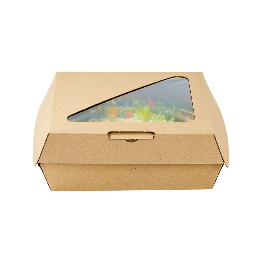 Eco Tek Rectangle Kraft Paper Corrugated Clamshell Container - with PLA Window - 8" x 8" x 3 1/4" - 100 count box
