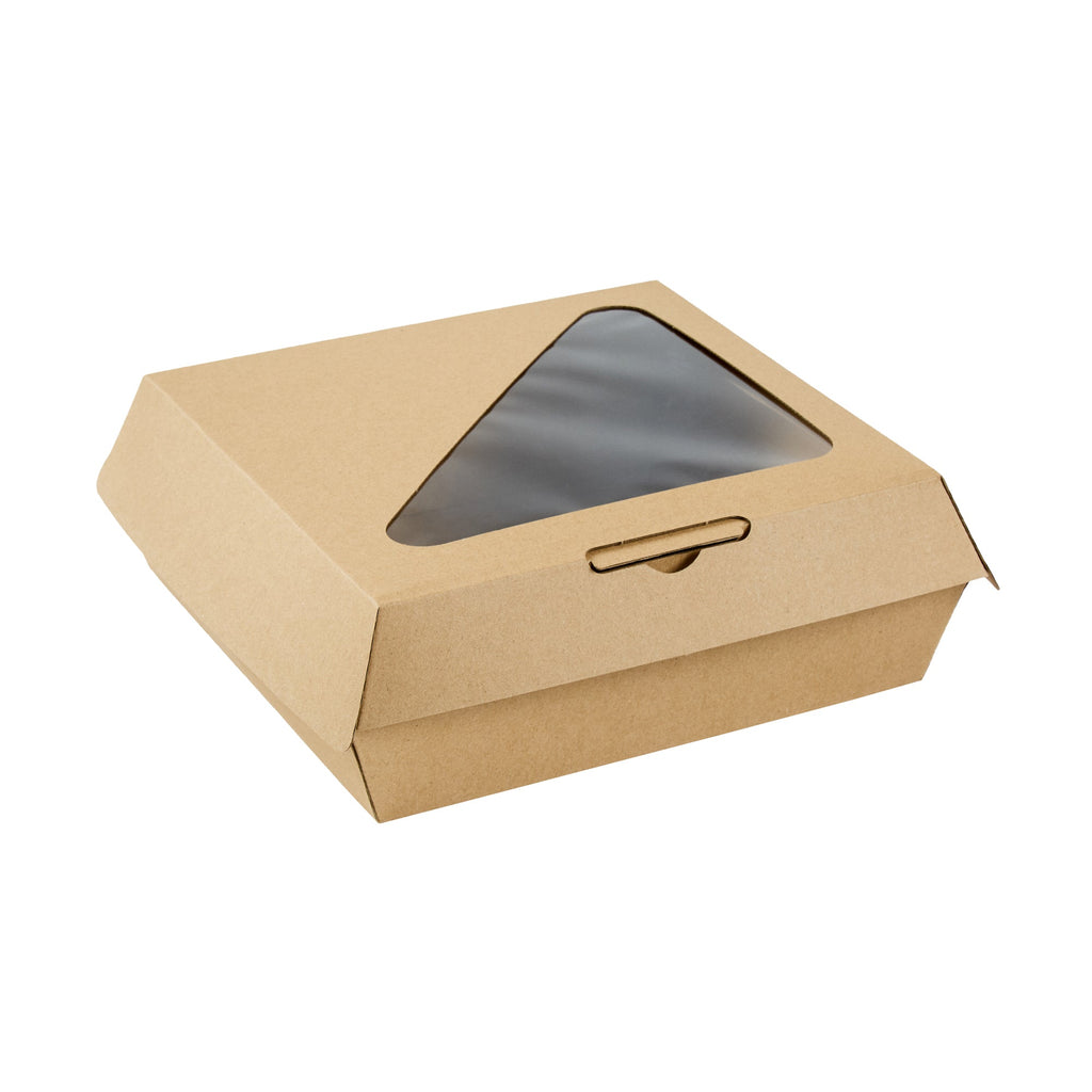Eco Tek Rectangle Kraft Paper Corrugated Clamshell Container - with PLA Window - 8" x 8" x 3 1/4" - 100 count box
