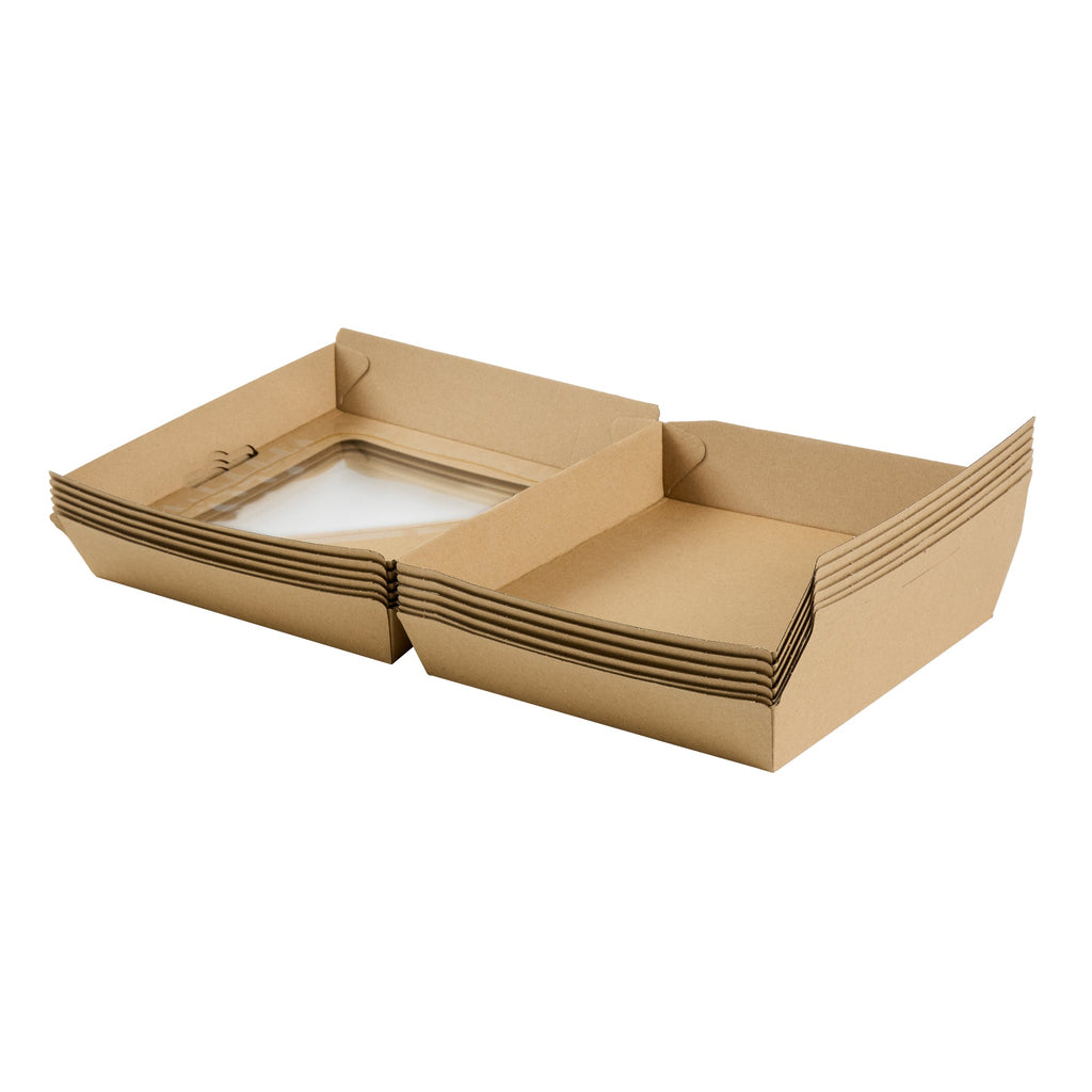 Eco Tek Rectangle Kraft Paper Corrugated Clamshell Container - with PLA Window - 8" x 8" x 3 1/4" - 100 count box