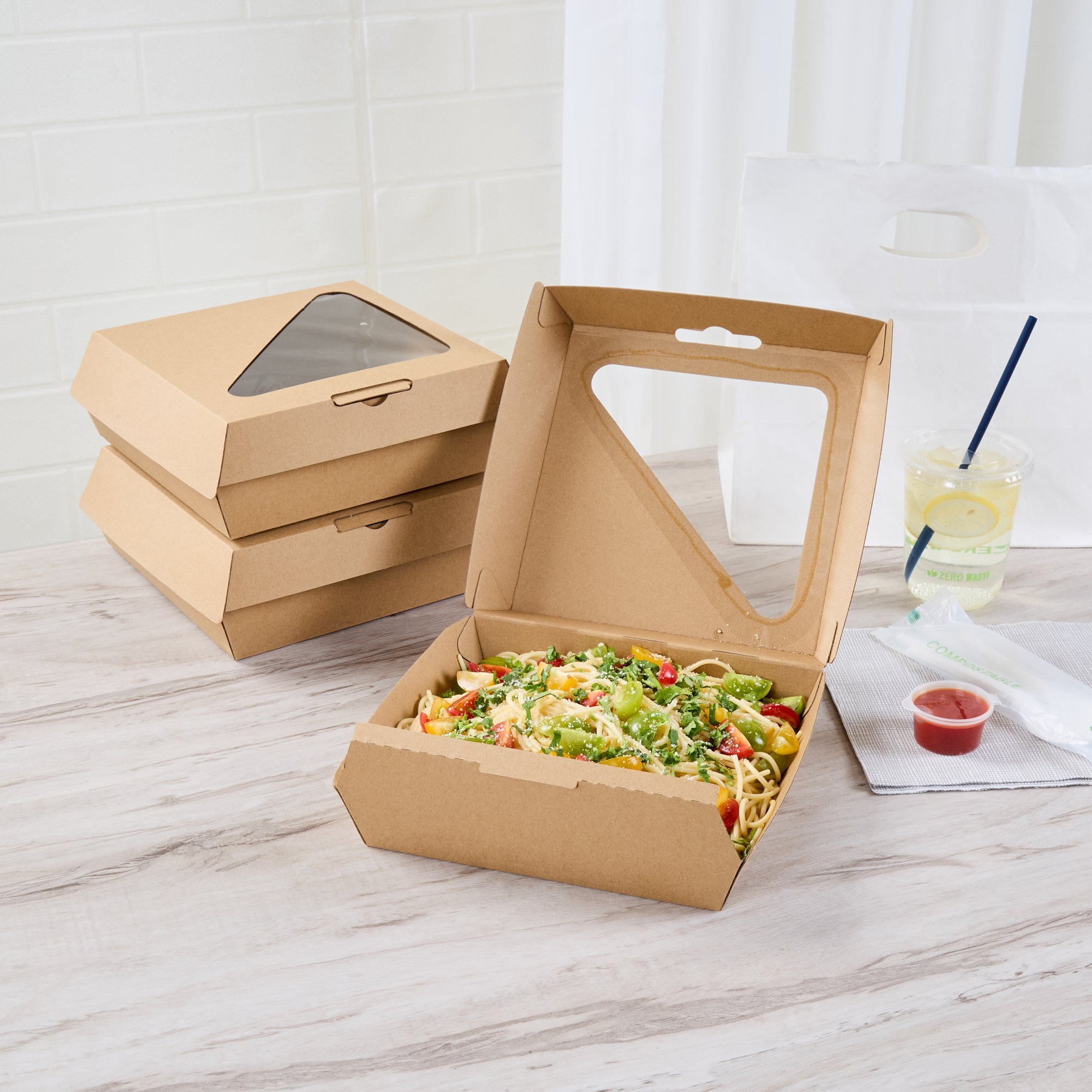 Eco Tek Rectangle Kraft Paper Corrugated Clamshell Container - with PLA Window - 8" x 8" x 3 1/4" - 100 count box