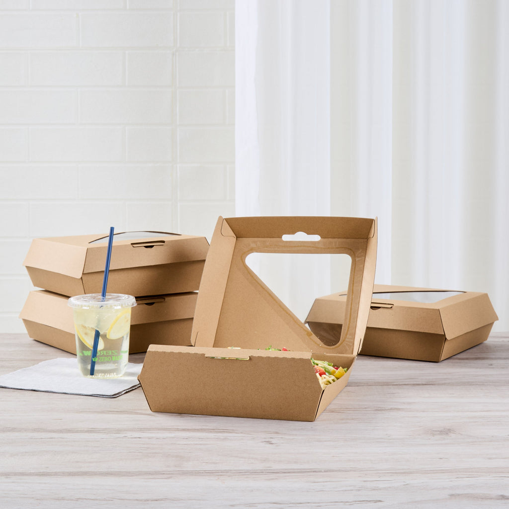 Eco Tek Rectangle Kraft Paper Corrugated Clamshell Container - with PLA Window - 8" x 8" x 3 1/4" - 100 count box