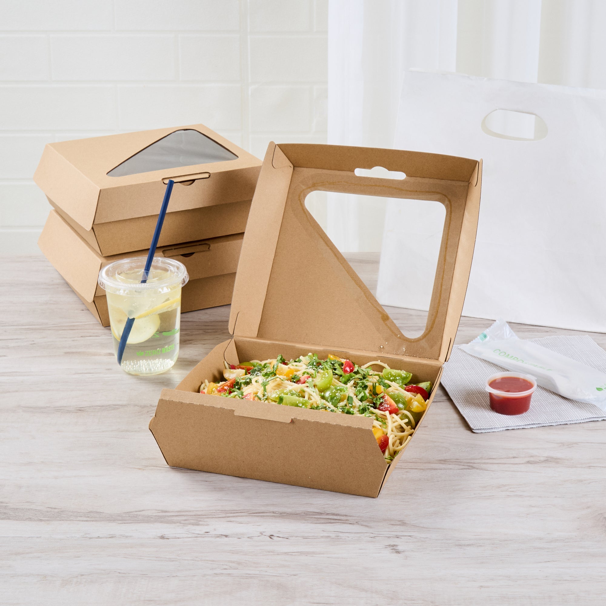 Eco Tek Rectangle Kraft Paper Corrugated Clamshell Container - with PLA Window - 8" x 8" x 3 1/4" - 100 count box