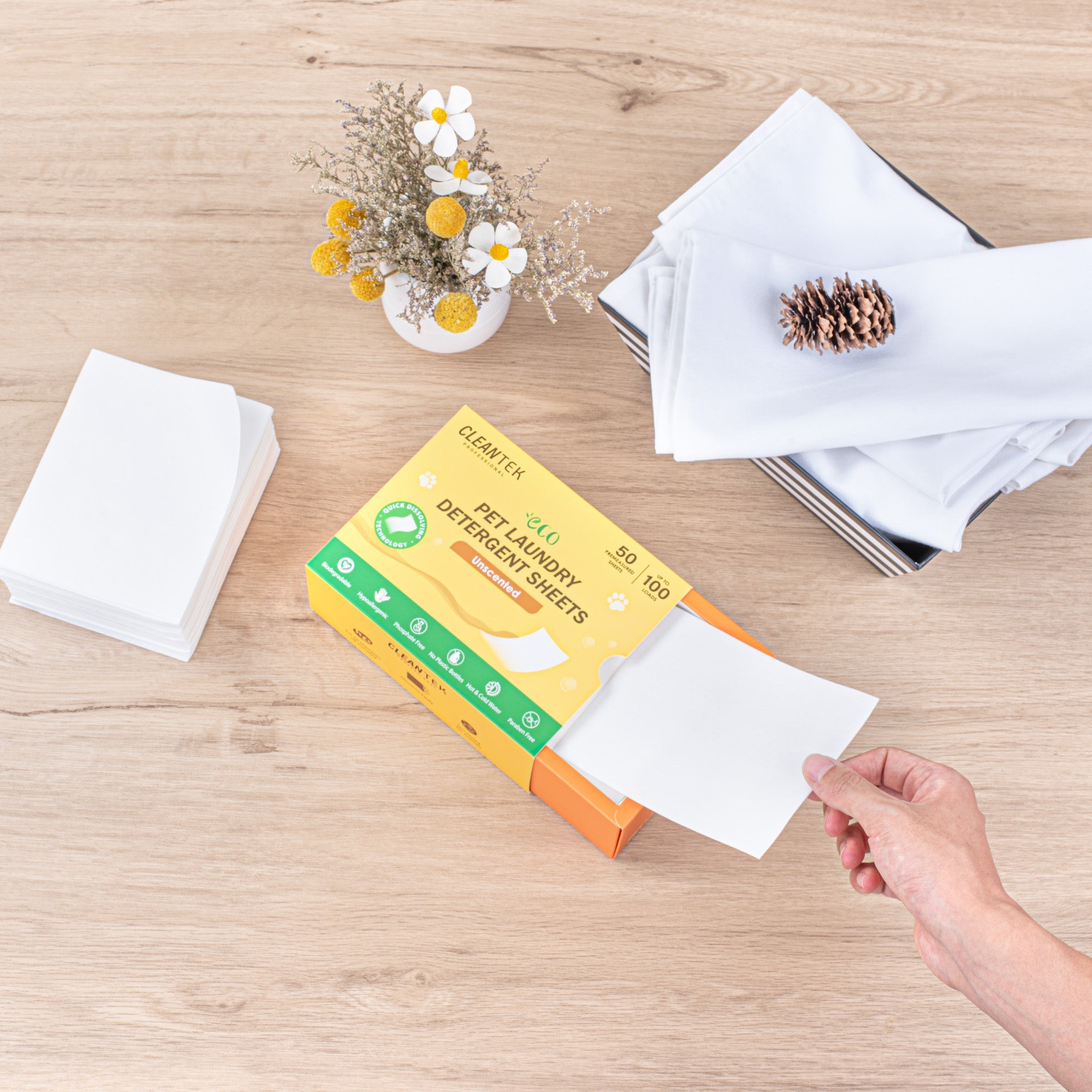 Clean Tek Professional Liquidless Pet Laundry Detergent Sheet - Unscented, Biodegradable, Hypoallergenic - 50 count box
