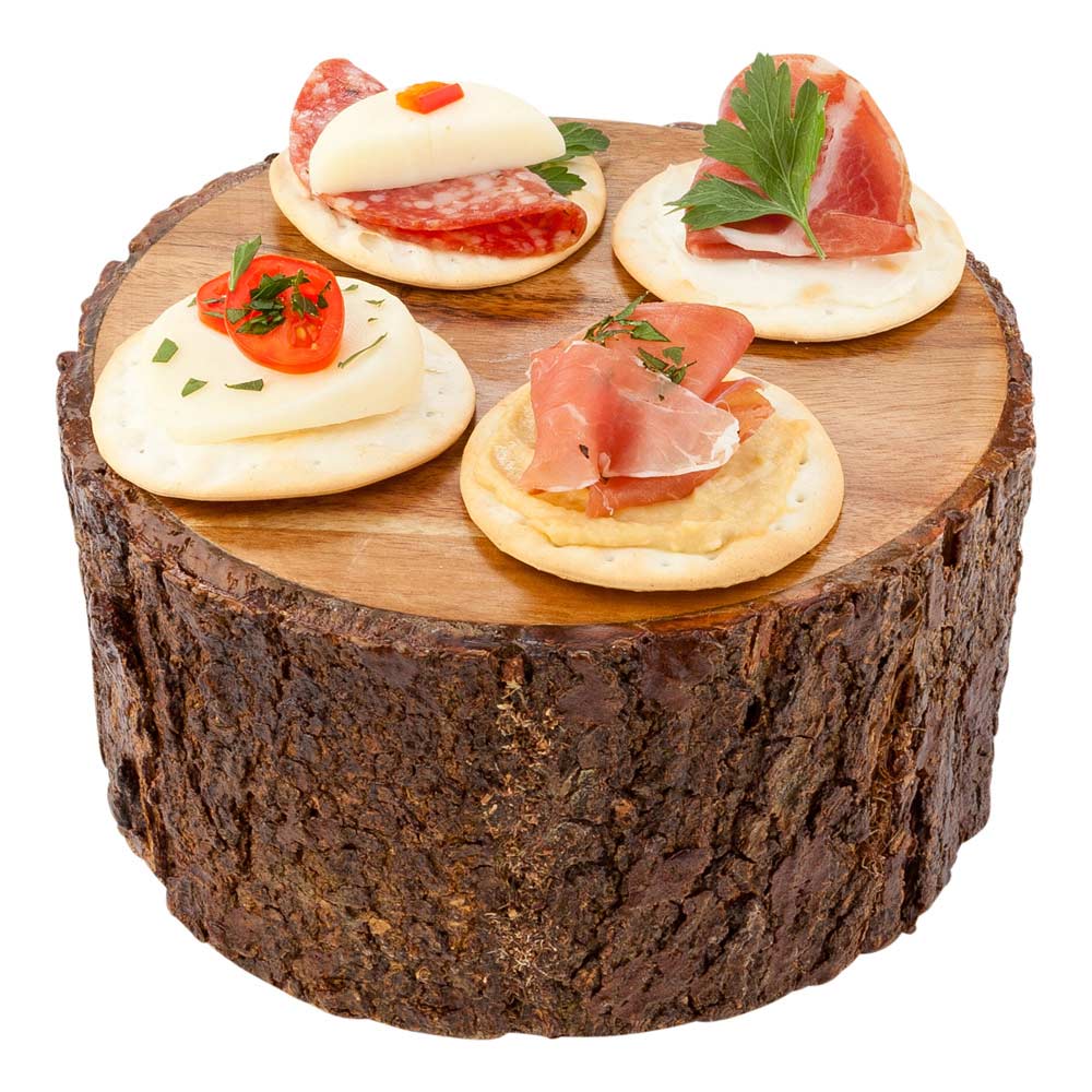 Eco Display Round Natural Acacia Medium Riser - Varnished, Bark Edges - 6" x 6" x 3" - 1 count box