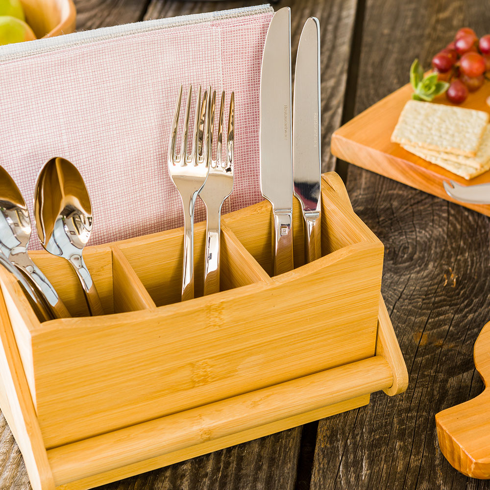 Eco Display Natural Bamboo Flatware Holder - with Handle - 8 1/4" x 5" x 9 1/4" - 1 count box
