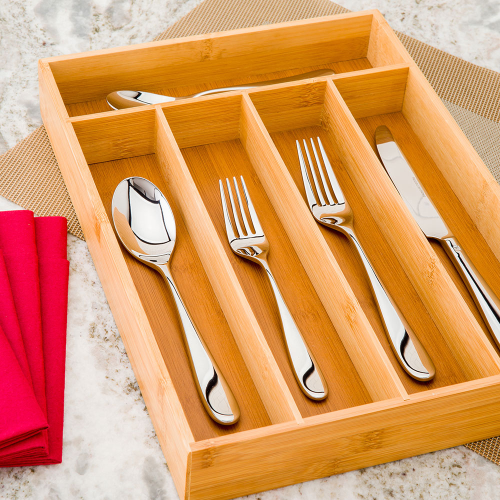 Eco Display Natural Bamboo Flatware Drawer Organizer - 5 Compartments - 13 3/4" x 10" x 2" - 1 count box