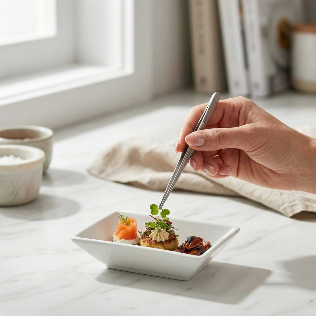 Chef 101 Rectangle White Porcelain Mini Modern Plate - 4" x 2 3/4" x 1" - 10 count box