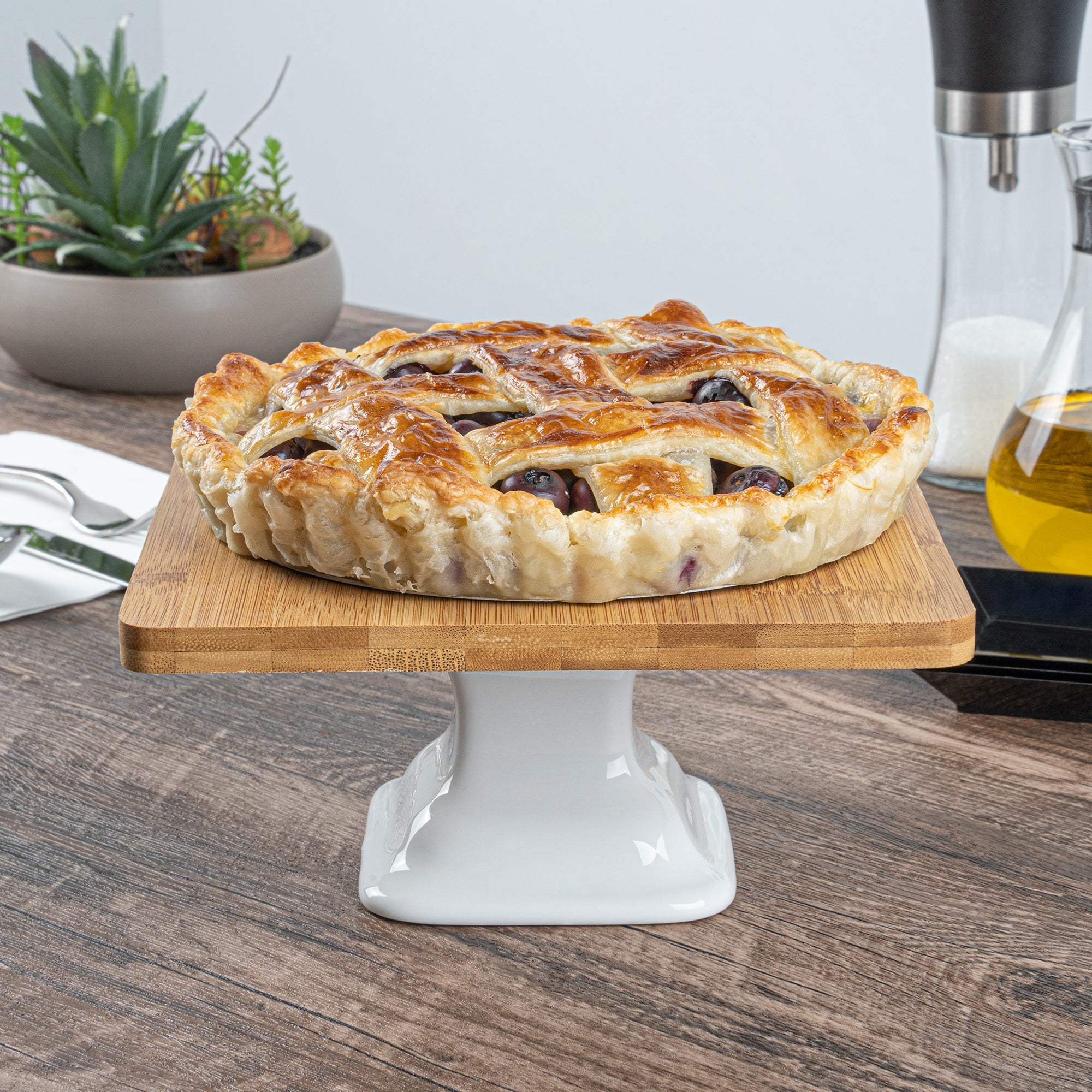 Chef 101 Hamptons Square Bamboo Serving Stand - with Porcelain Base - 8" x 8" x 4" - 1 count box
