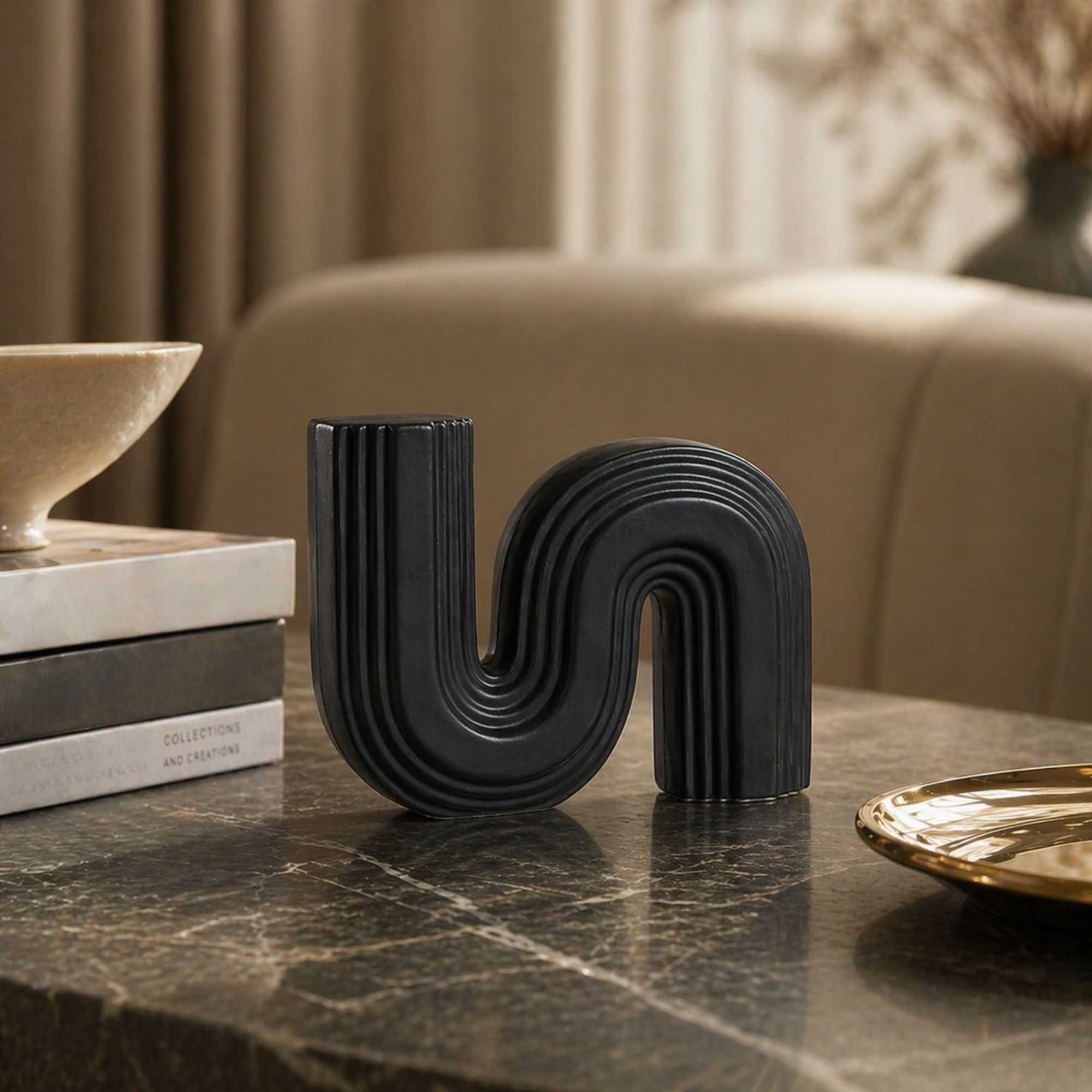Table Art Black Ceramic S-Shaped Vase - 7 1/4'' x 2'' x 6'' - 1 count box