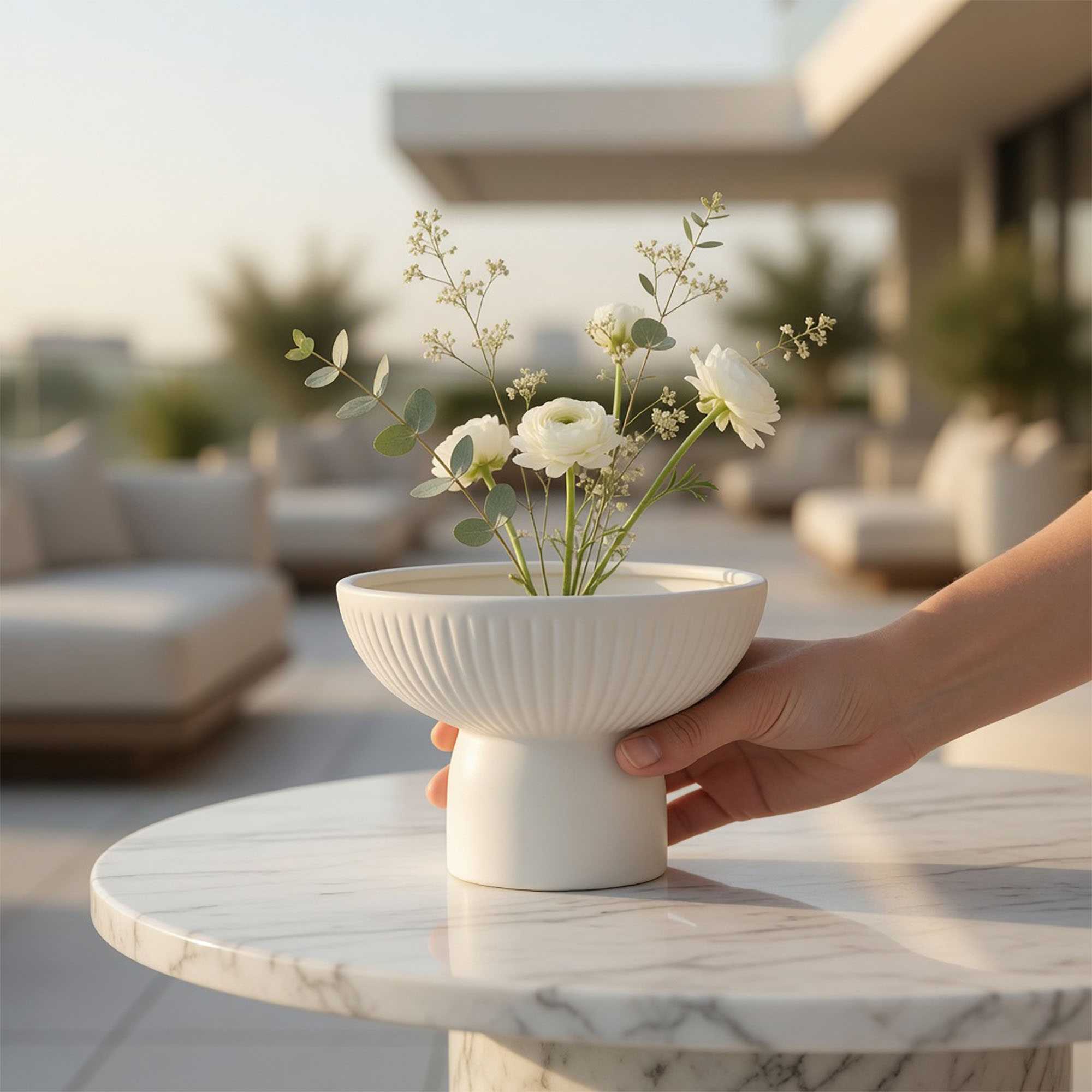 Table Art White Ceramic Pedestal Vase - 6'' x 6'' x 4'' - 1 count box