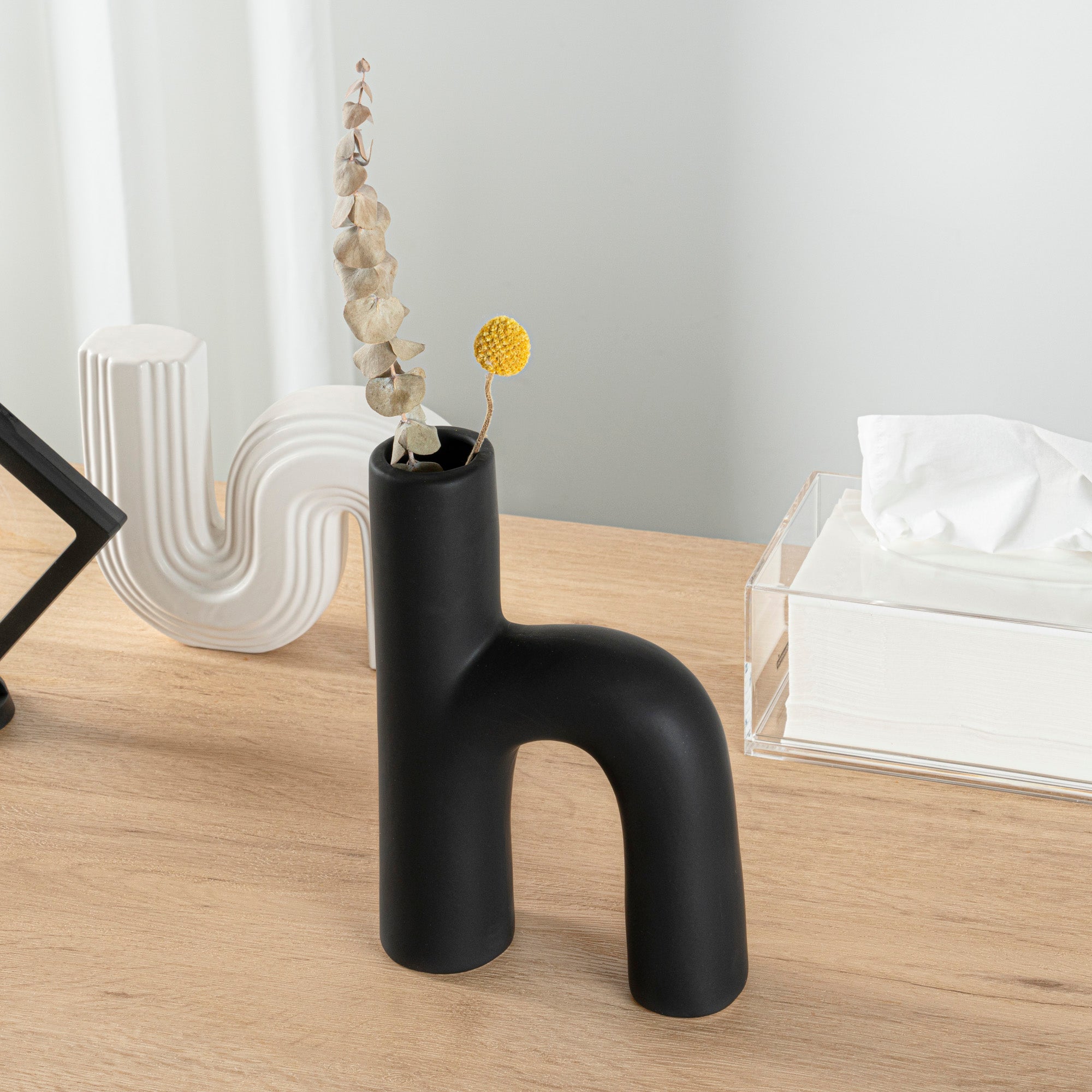 Table Art Black Ceramic H-Shaped Vase - 6'' x 2 1/4'' x 9'' - 1 count box