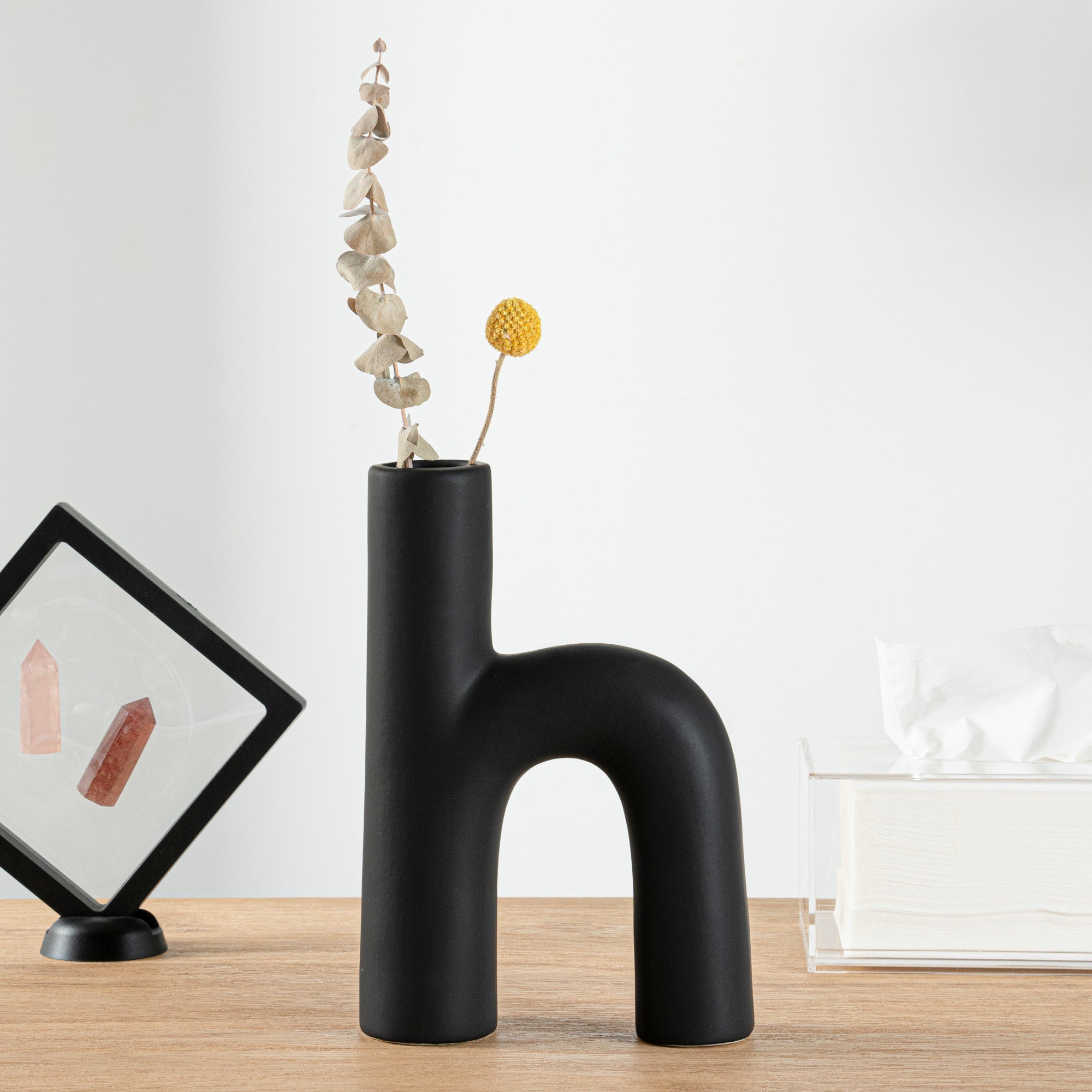 Table Art Black Ceramic H-Shaped Vase - 6'' x 2 1/4'' x 9'' - 1 count box