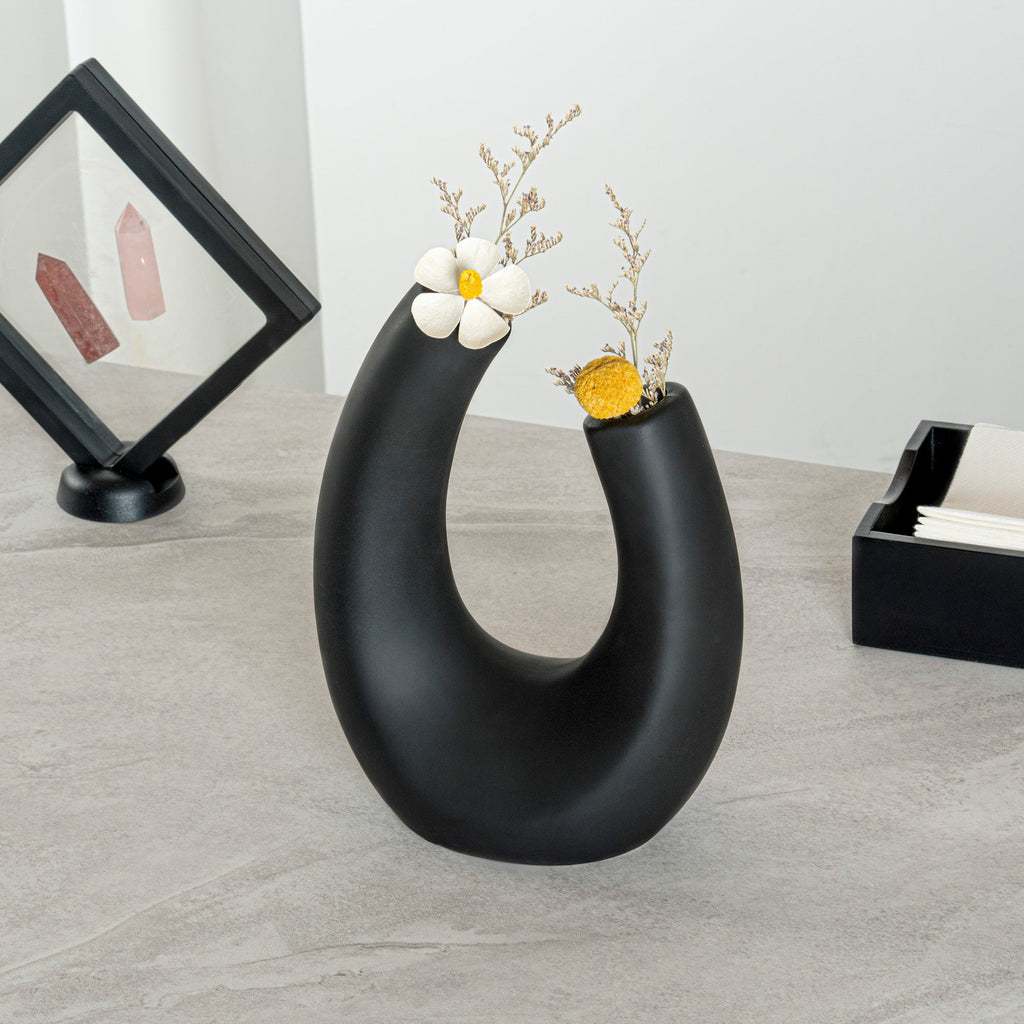 Table Art Black Ceramic U-Shaped Vase - 6 1/2'' x 3'' x 8 3/4'' - 1 count box
