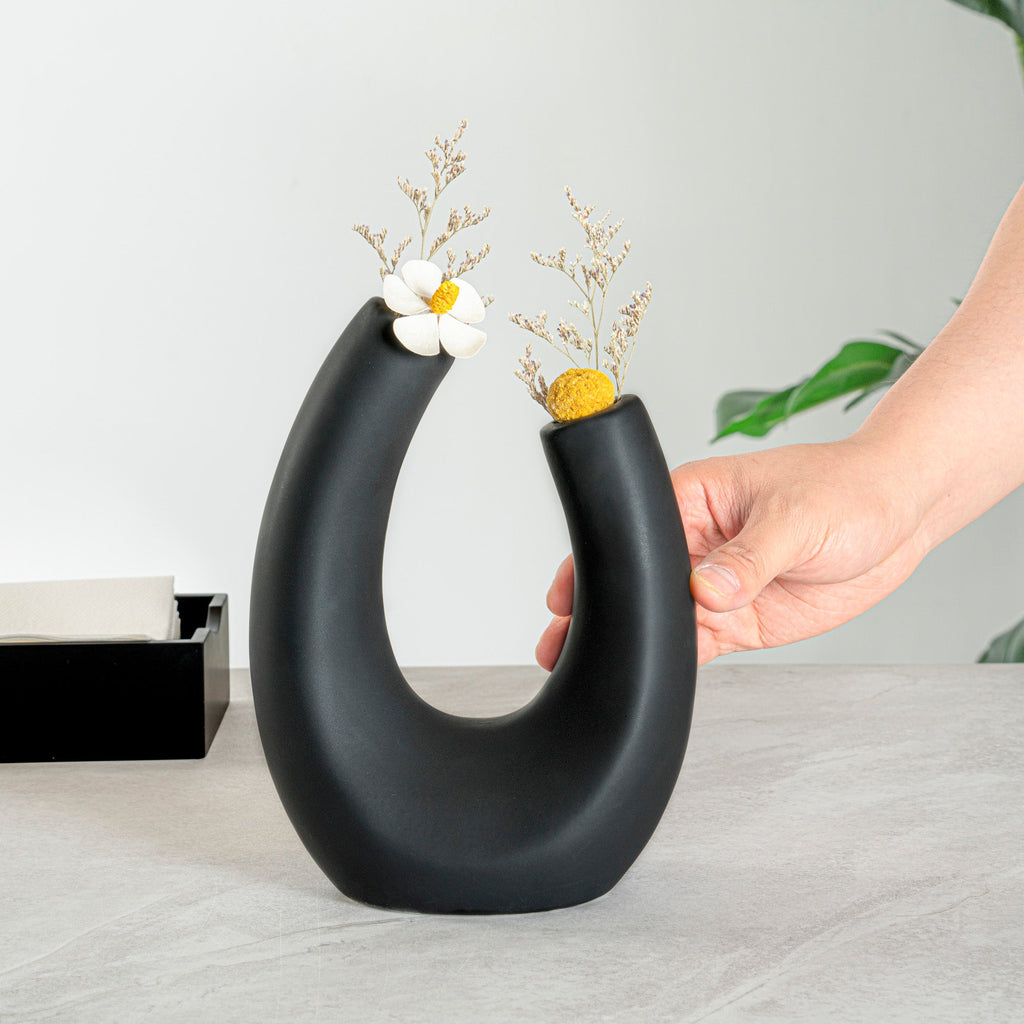 Table Art Black Ceramic U-Shaped Vase - 6 1/2'' x 3'' x 8 3/4'' - 1 count box