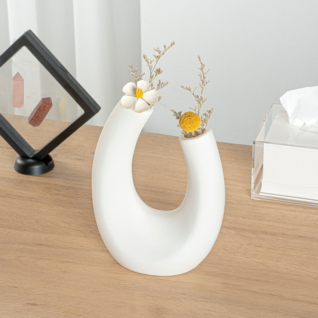 Table Art White Ceramic U-Shaped Vase - 6 1/2'' x 3'' x 8 3/4'' - 1 count box