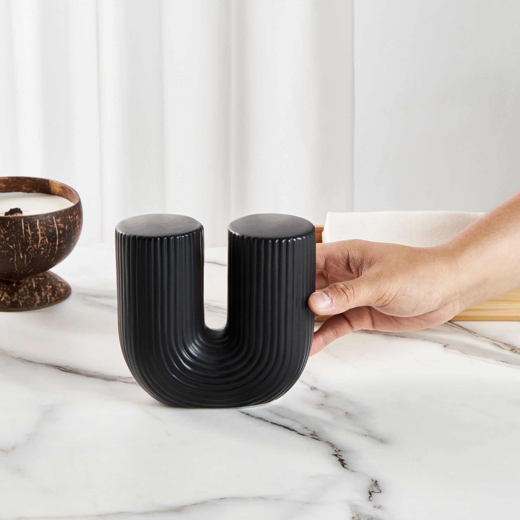 Table Art Black Ceramic U-Shaped Vase - 5 3/4'' x 2 3/4'' x 5 1/2'' - 1 count box