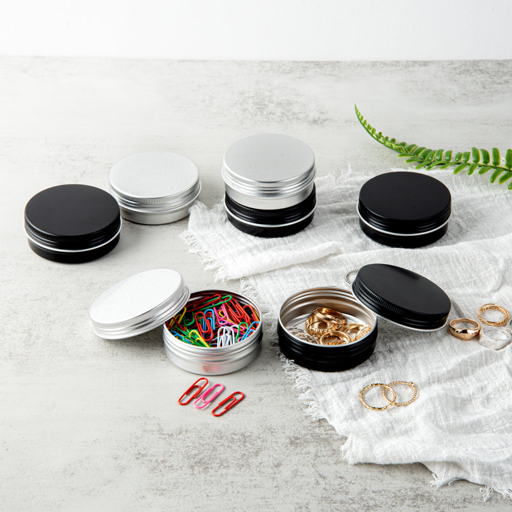 Chef 101 2 oz Round Black Tin Container - with Screw Lid - 10 count box