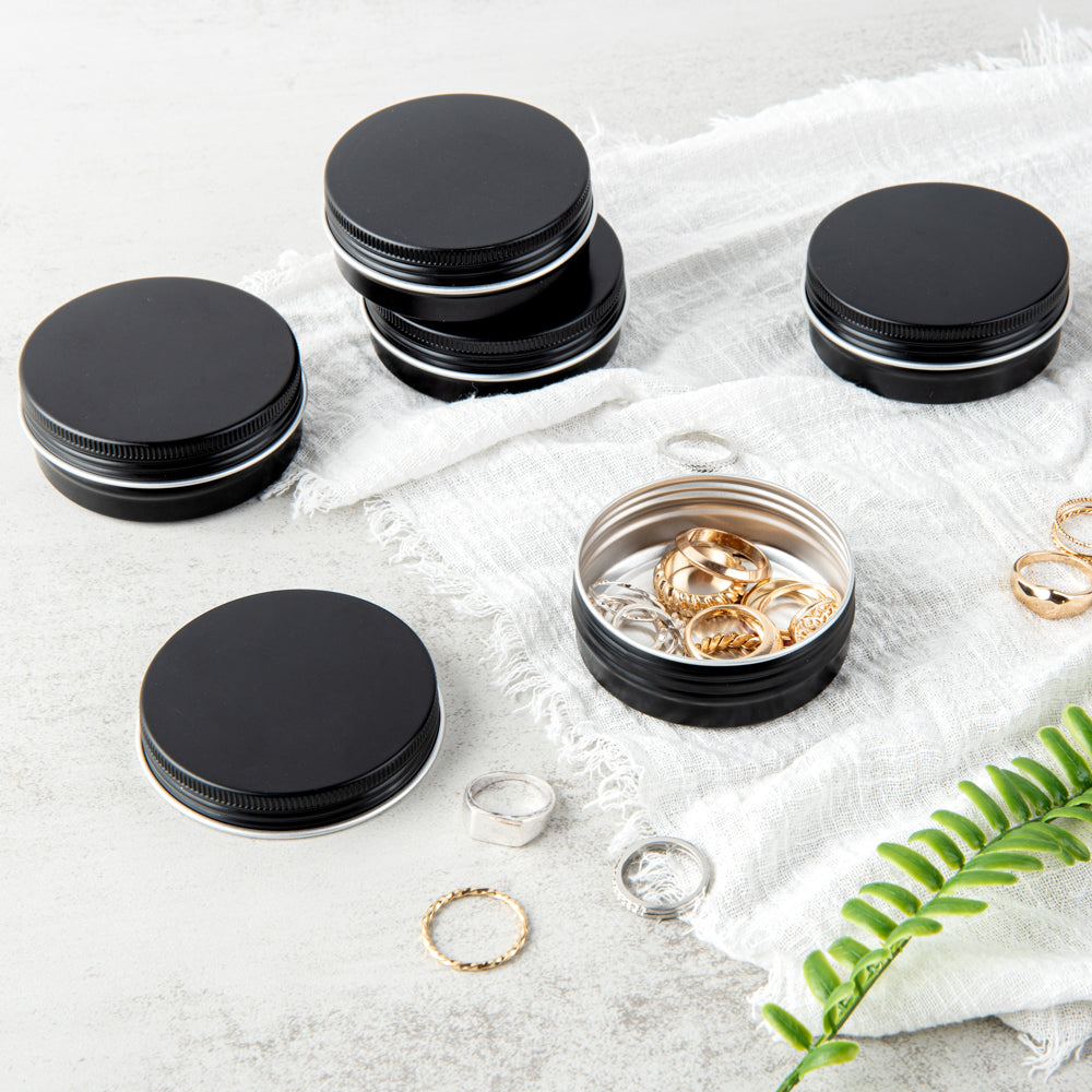Chef 101 2 oz Round Black Tin Container - with Screw Lid - 100 count box