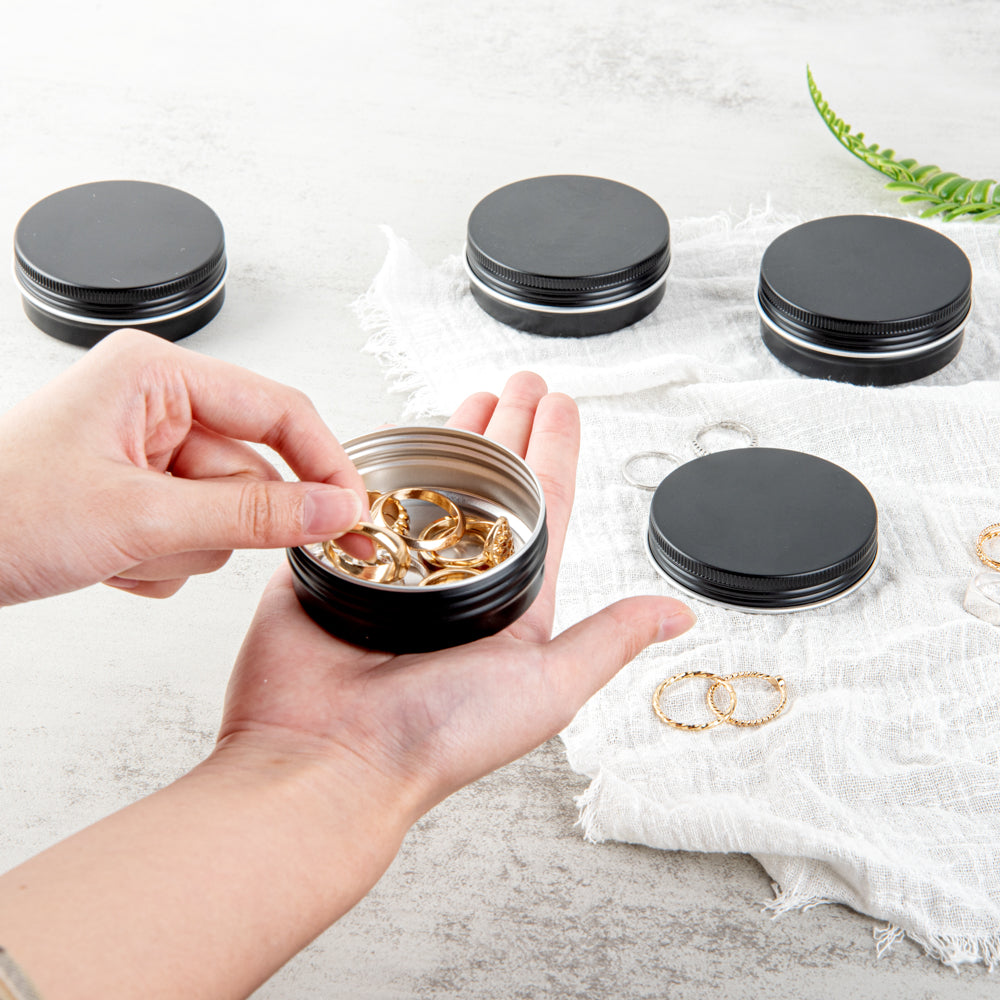 Chef 101 2 oz Round Black Tin Container - with Screw Lid - 100 count box