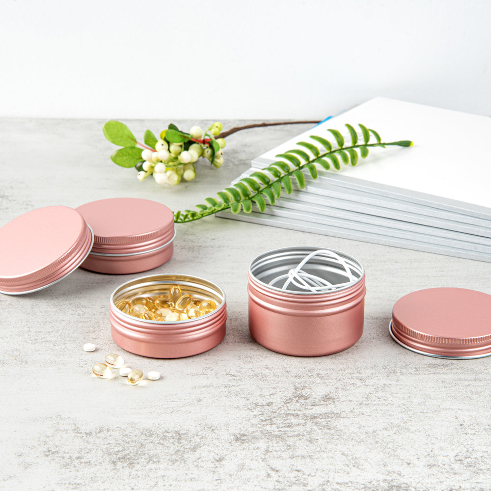 Chef 101 2 oz Round Rose Gold Tin Container - with Screw Lid - 10 count box