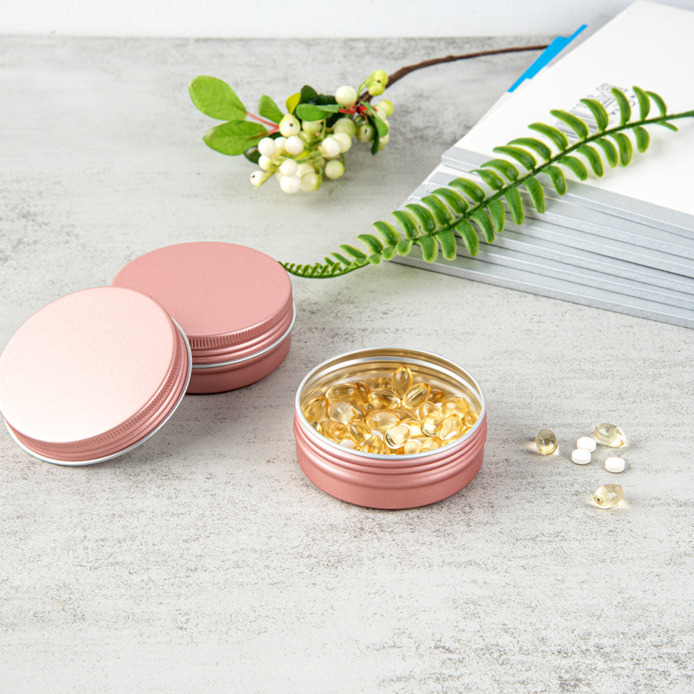 Chef 101 2 oz Round Rose Gold Tin Container - with Screw Lid - 100 count box
