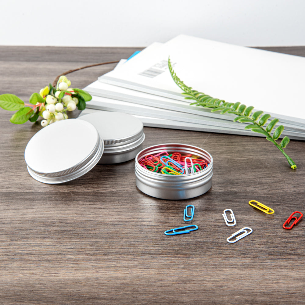 Chef 101 2 oz Round Silver Tin Container - with Screw Lid - 10 count box