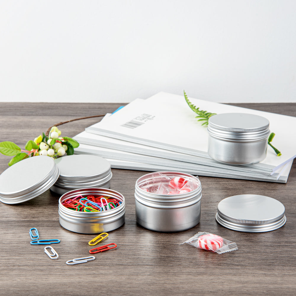 Chef 101 2 oz Round Silver Tin Container - with Screw Lid - 100 count box