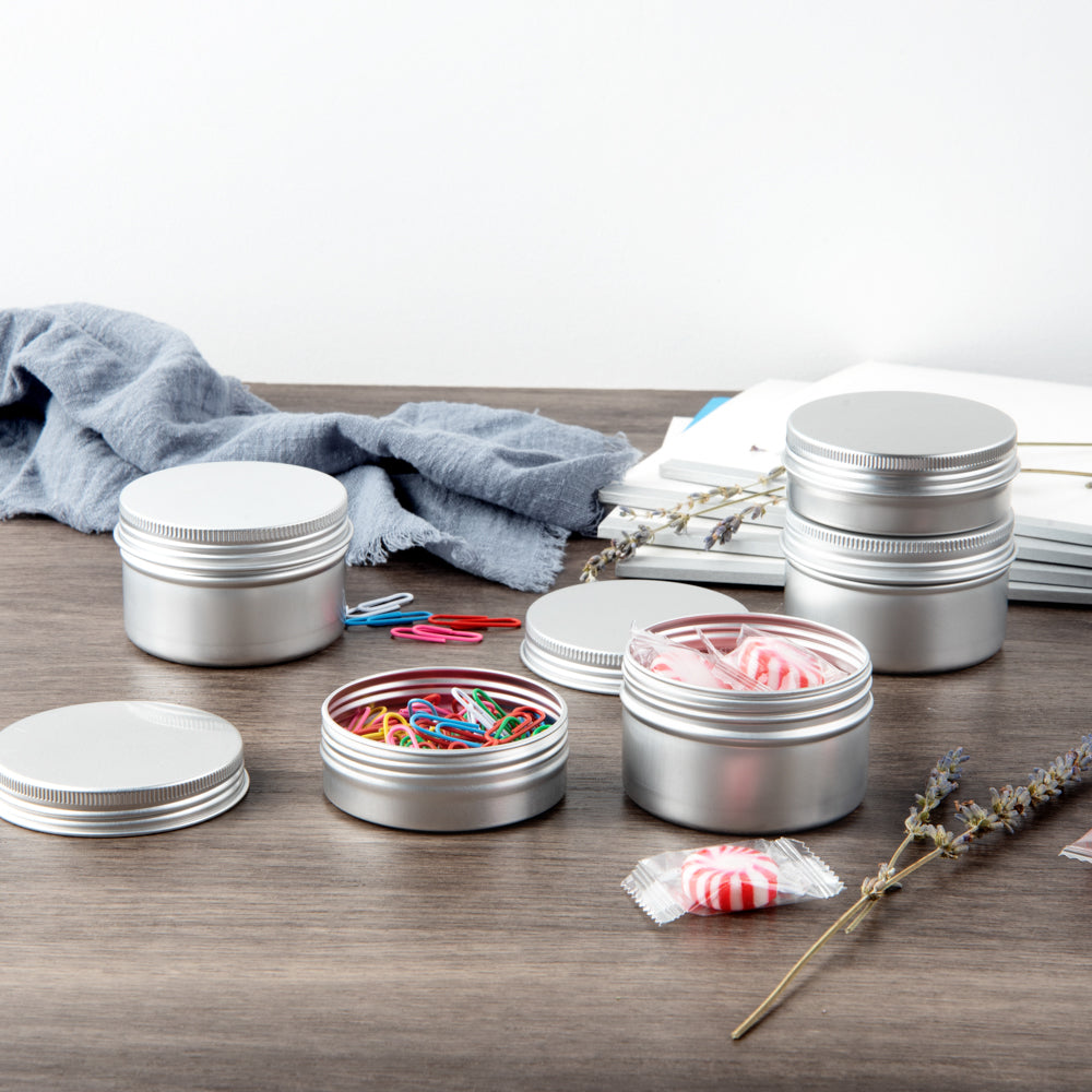 Chef 101 4 oz Round Silver Tin Container - with Screw Lid - 10 count box