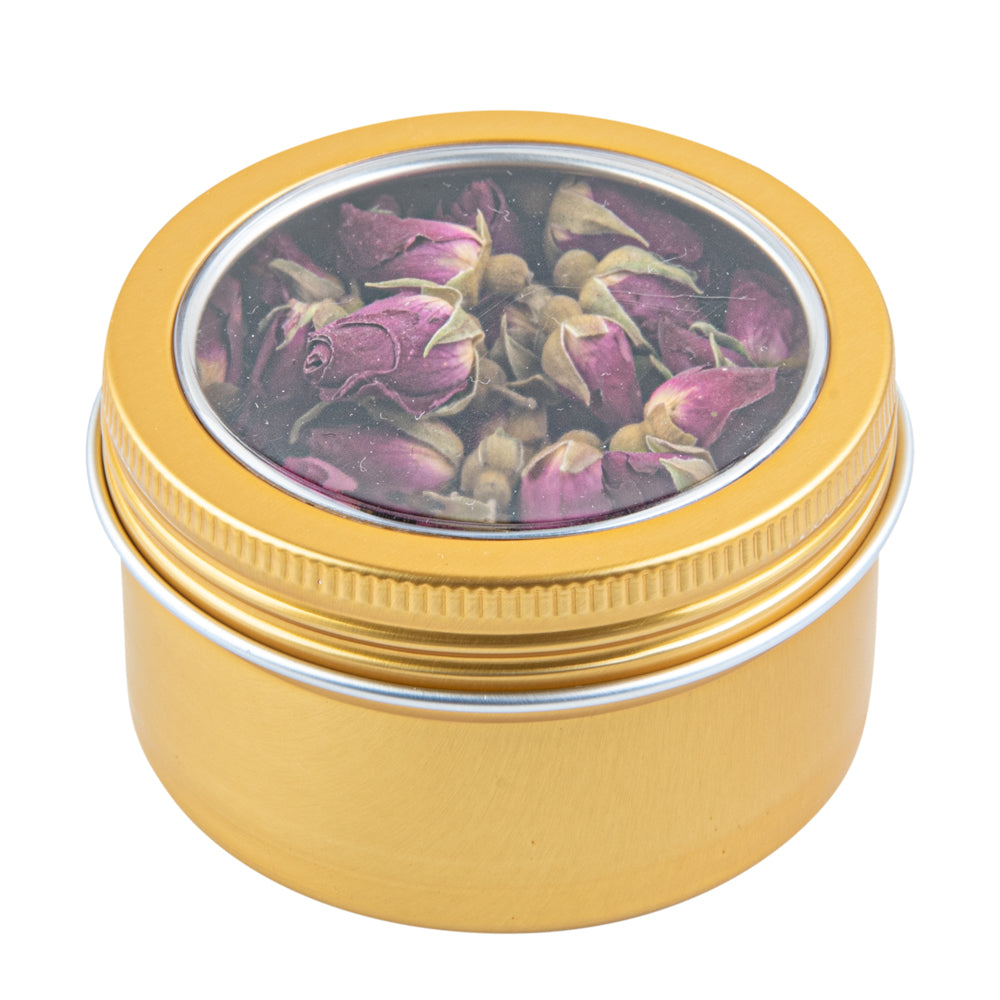 Chef 101 4 oz Round Gold Tin Container - with Window Lid - 10 count box