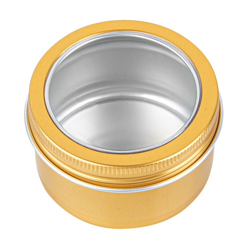 Chef 101 4 oz Round Gold Tin Container - with Window Lid - 10 count box