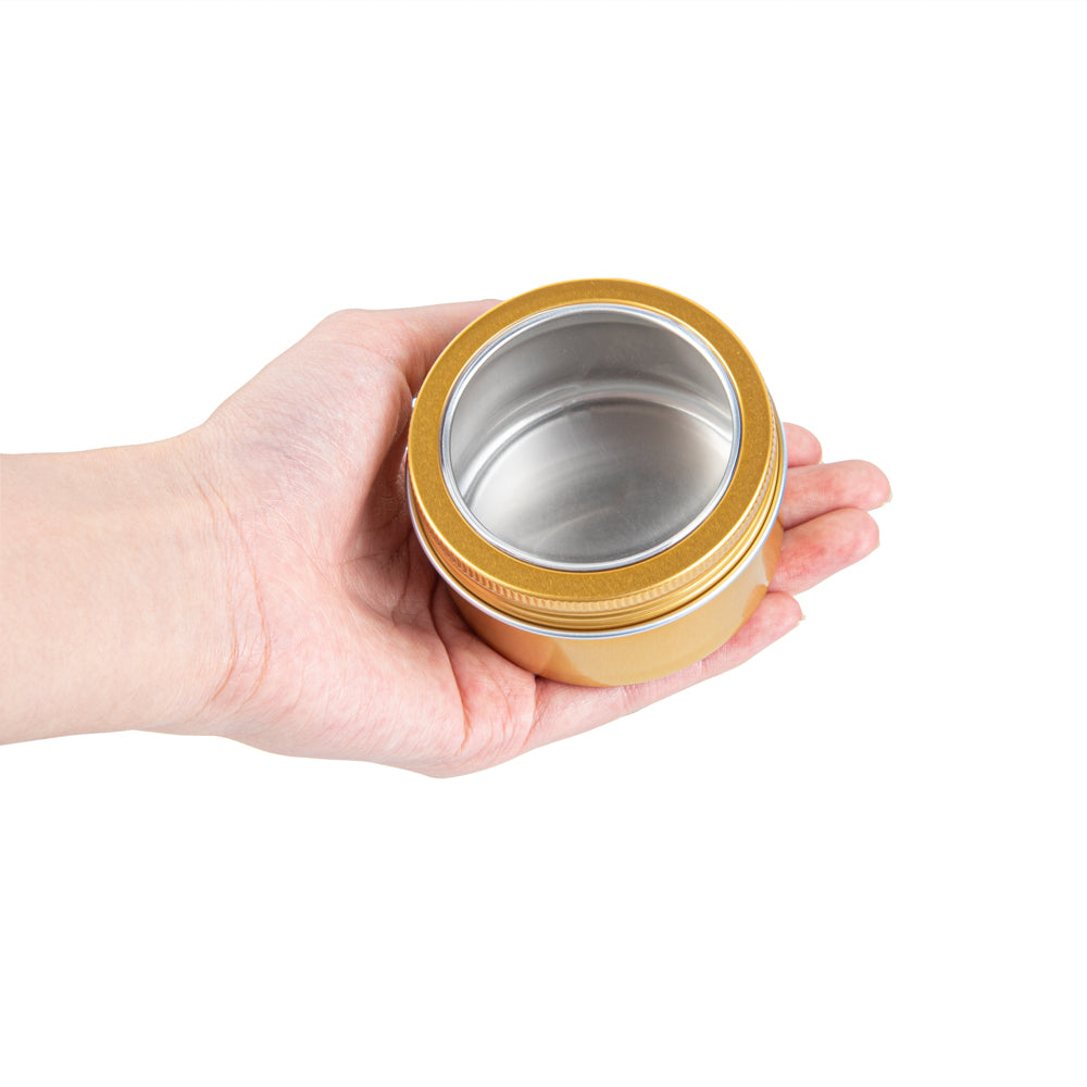 Chef 101 4 oz Round Gold Tin Container - with Window Lid - 100 count box