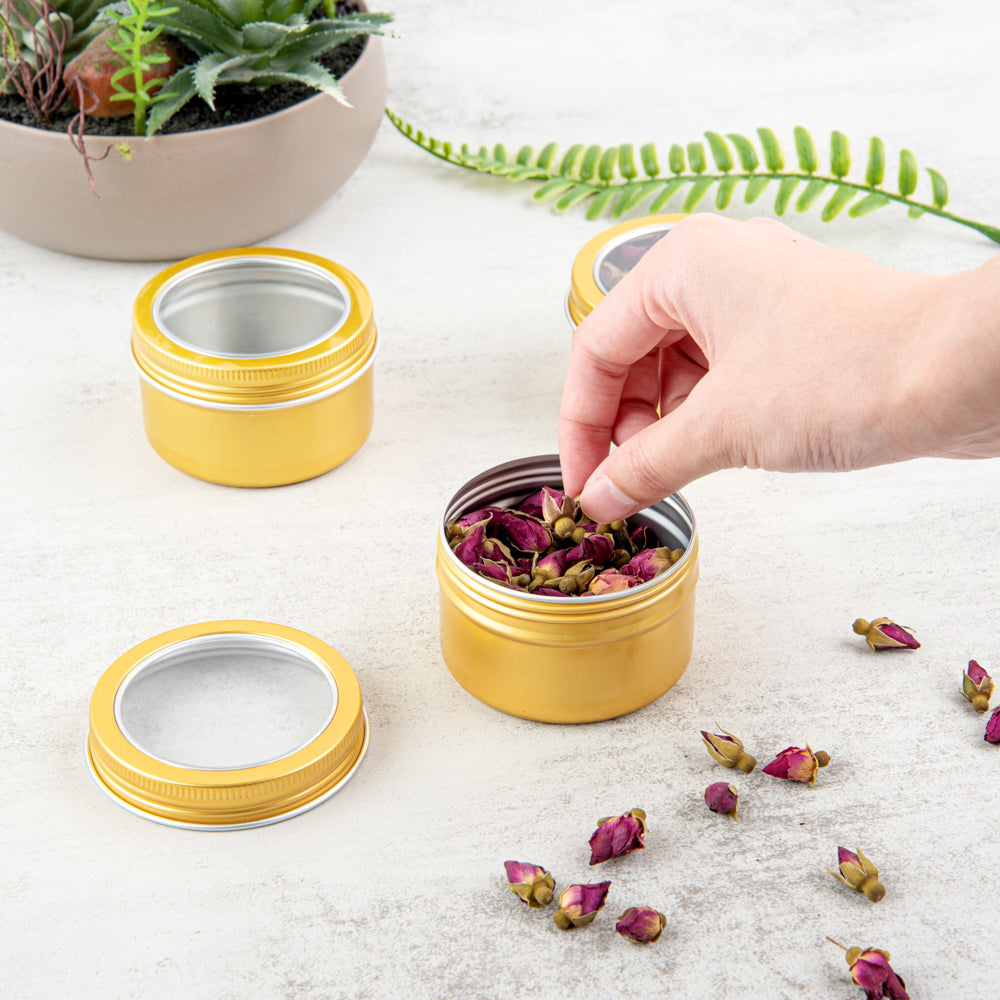 Chef 101 4 oz Round Gold Tin Container - with Window Lid - 100 count box