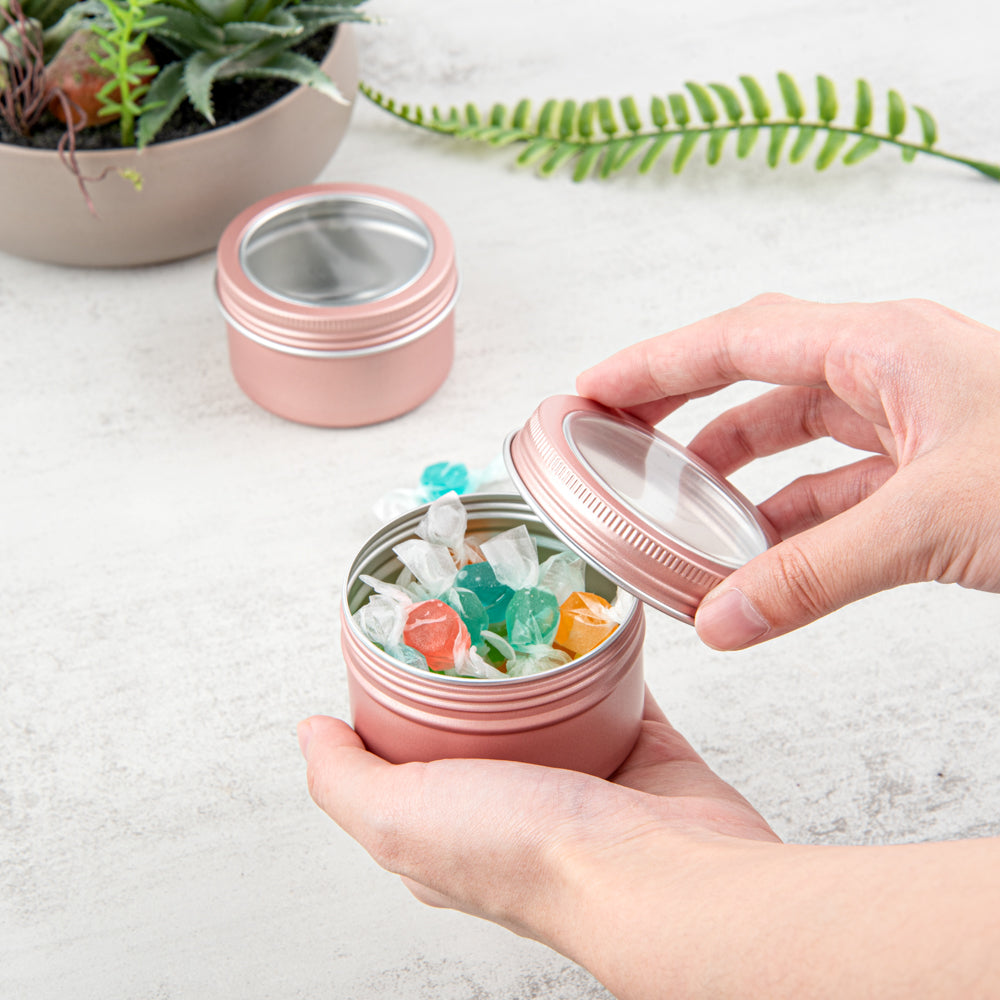Chef 101 4 oz Round Rose Gold Tin Container - with Window Lid - 10 count box
