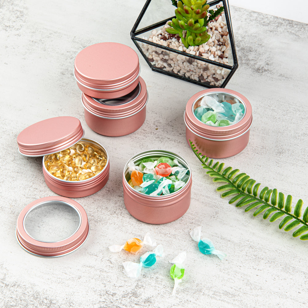 Chef 101 4 oz Round Rose Gold Tin Container - with Window Lid - 10 count box