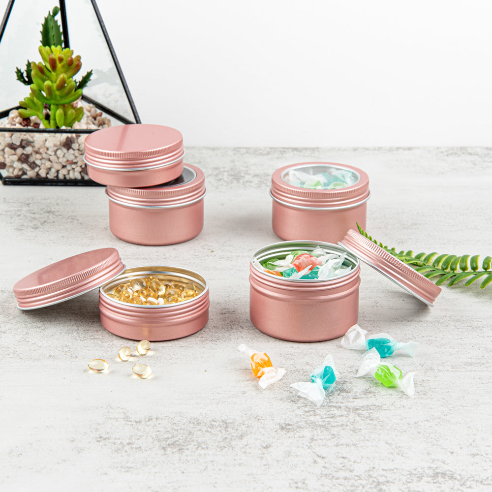 Chef 101 4 oz Round Rose Gold Tin Container - with Window Lid - 10 count box