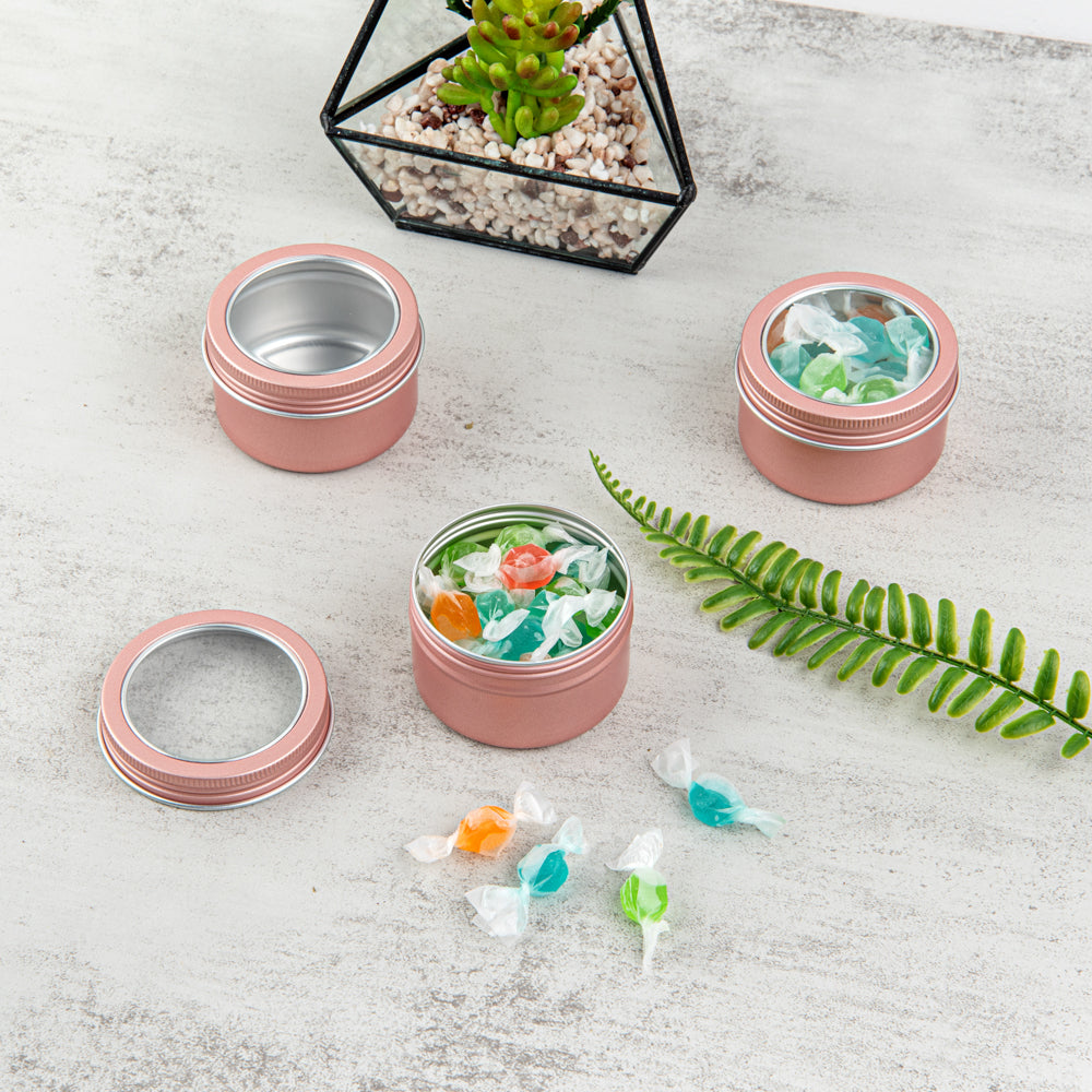 Chef 101 4 oz Round Rose Gold Tin Container - with Window Lid - 100 count box