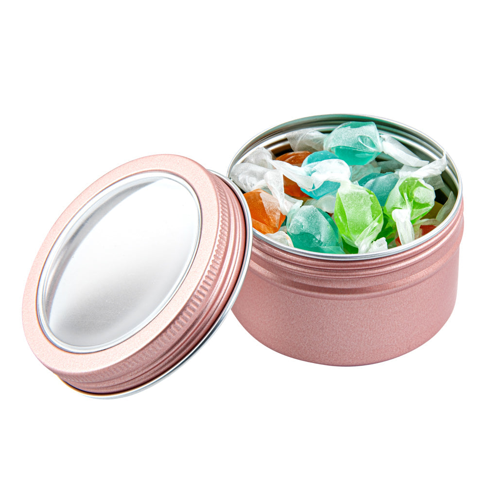 Chef 101 4 oz Round Rose Gold Tin Container - with Window Lid - 100 count box