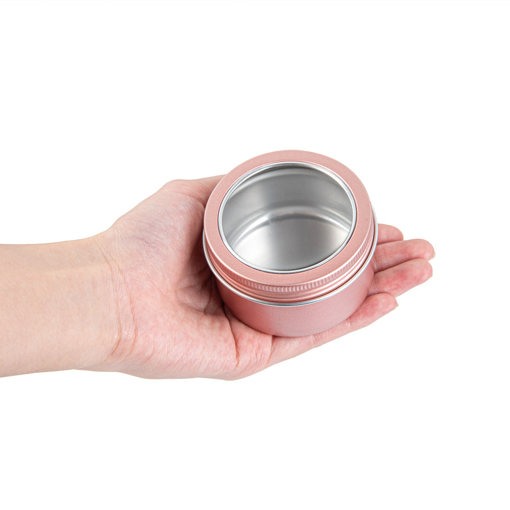 Chef 101 4 oz Round Rose Gold Tin Container - with Window Lid - 100 count box