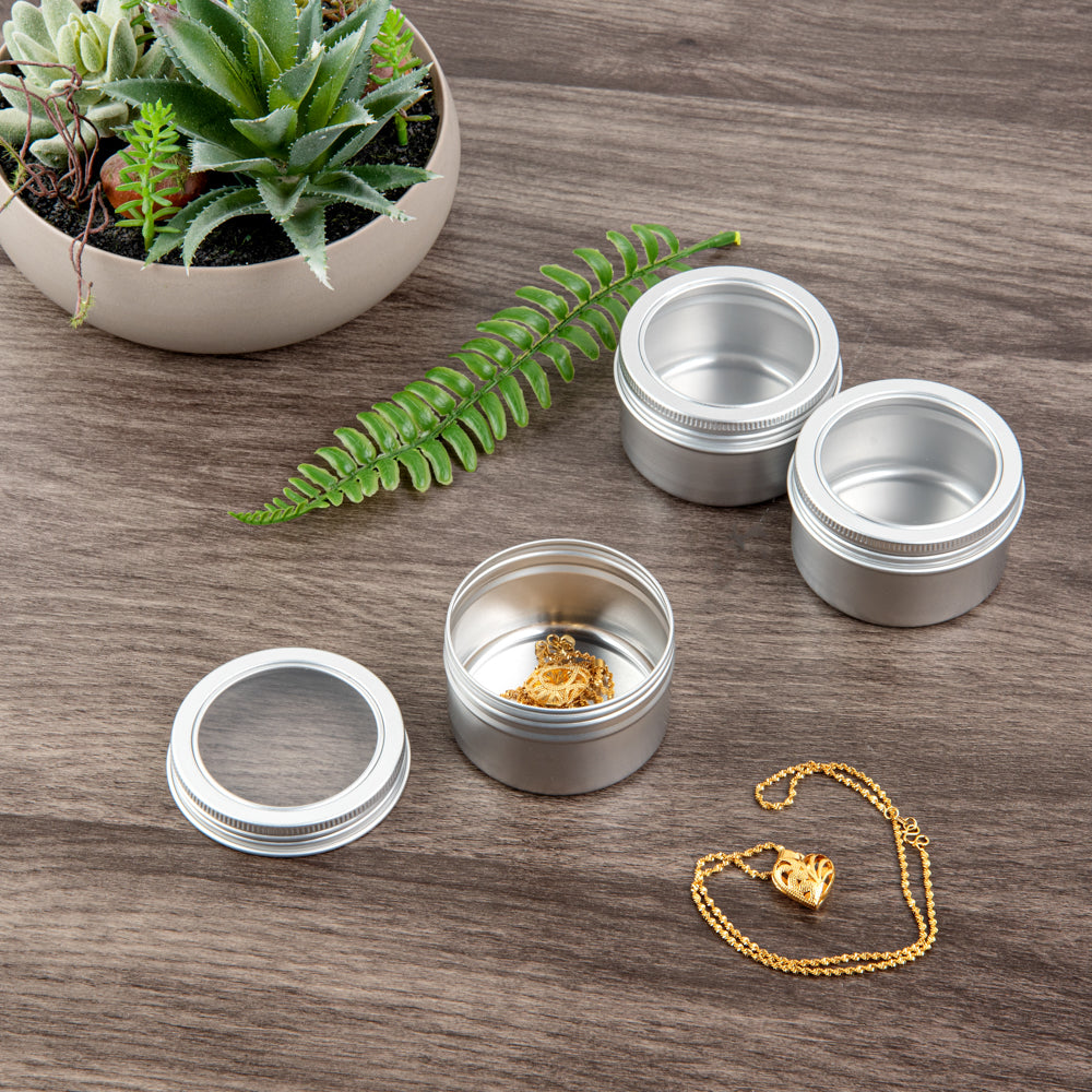 Chef 101 4 oz Round Silver Tin Container - with Window Lid - 10 count box