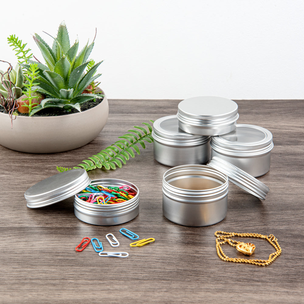 Chef 101 4 oz Round Silver Tin Container - with Window Lid - 10 count box