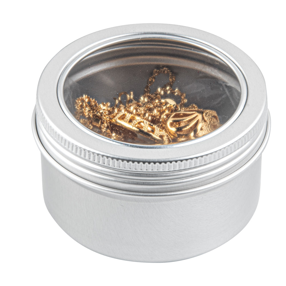 Chef 101 4 oz Round Silver Tin Container - with Window Lid - 100 count box