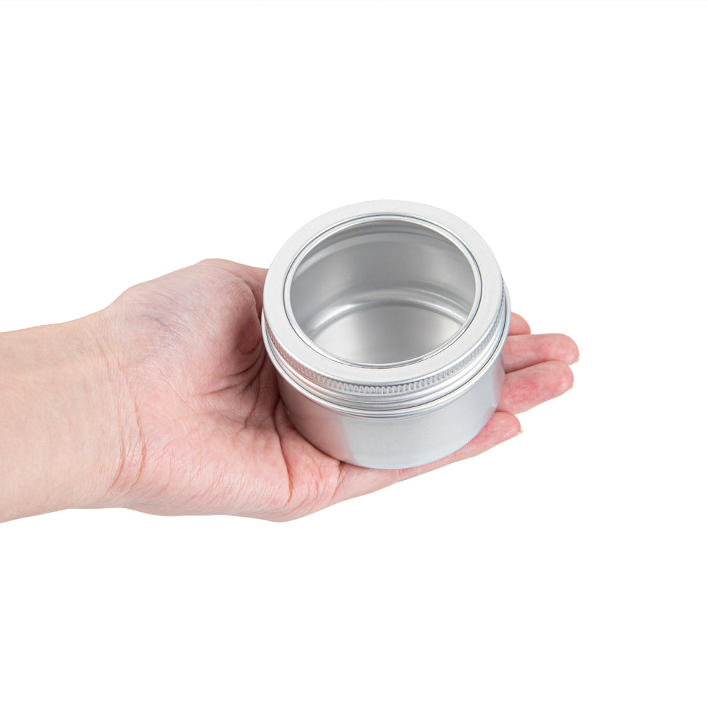 Chef 101 4 oz Round Silver Tin Container - with Window Lid - 100 count box