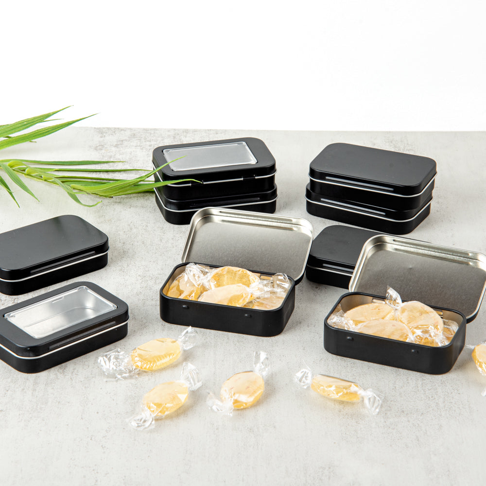 Chef 101 4 oz Rectangle Black Tin Container - with Hinged Lid - 10 count box