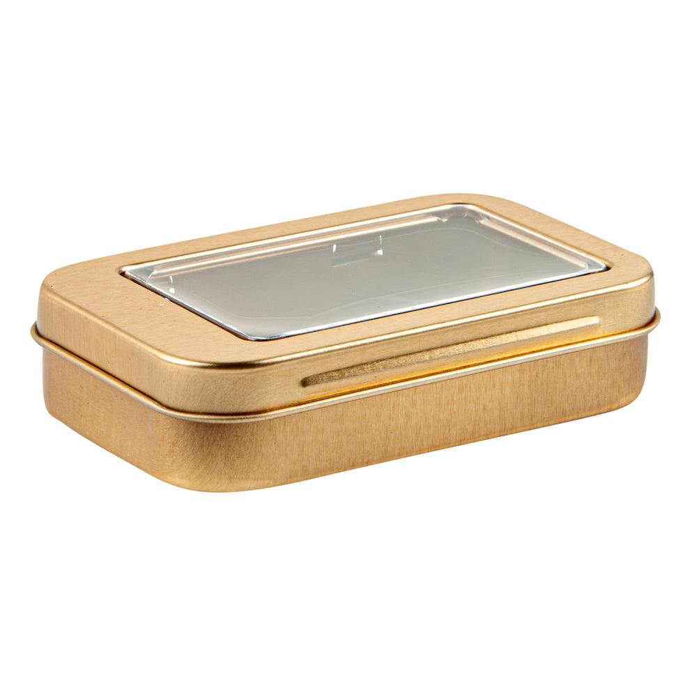 Chef 101 4 oz Rectangle Gold Tin Container - with Window Lid - 10 count box
